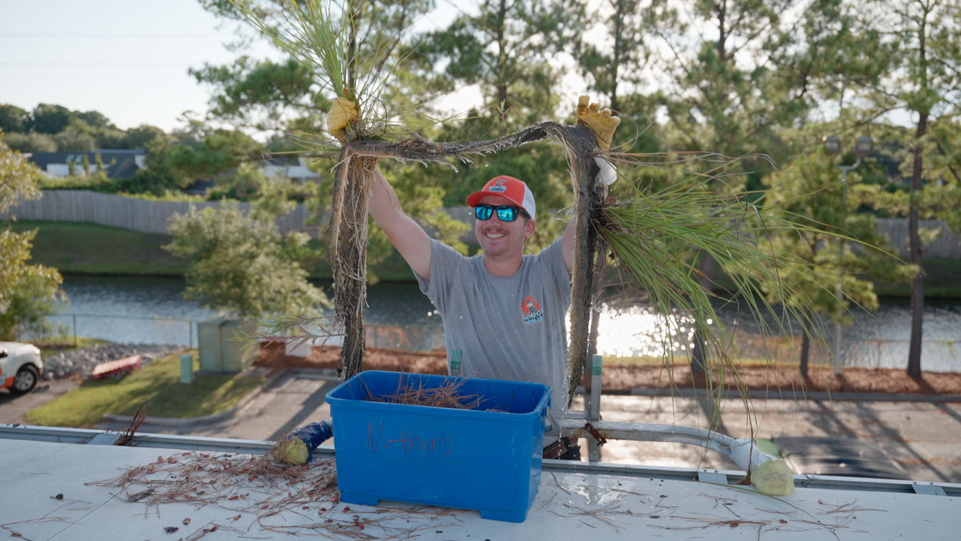 a Window Ninjas team member removing a large piece of debris from a gutter. 